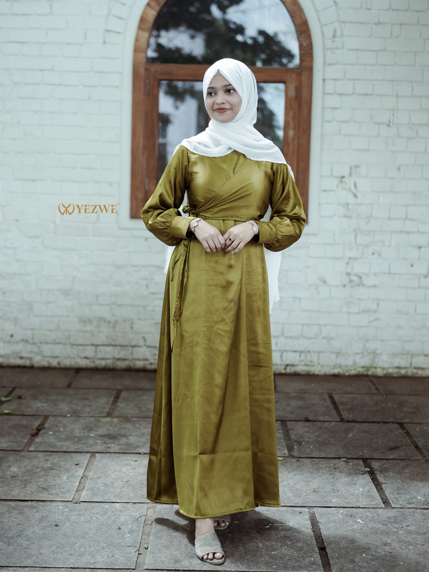 Yezwe Golden Olive Satin Overlapping Tie Flowing Maxi Dress - Modest Wear