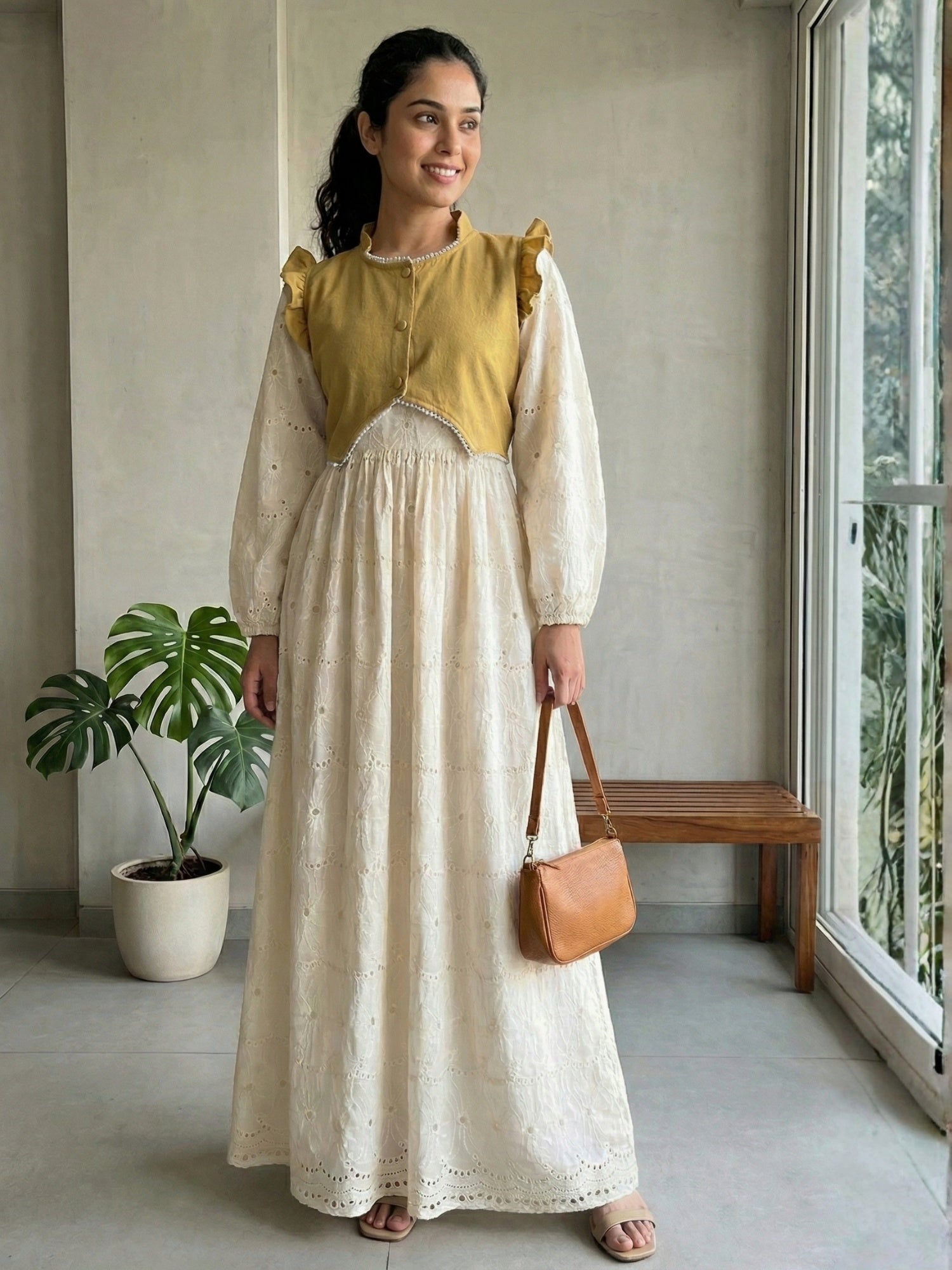 chikan maxi dress YEZWE Chikan Embroidery Modest Maxi Dress with Mustard Cey Overtop