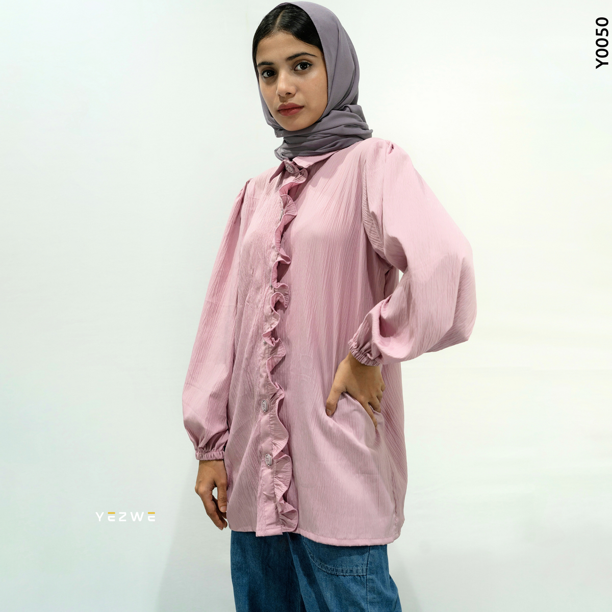 Yezwe Pink Crush Top with Button Ruffles - Modest Wear