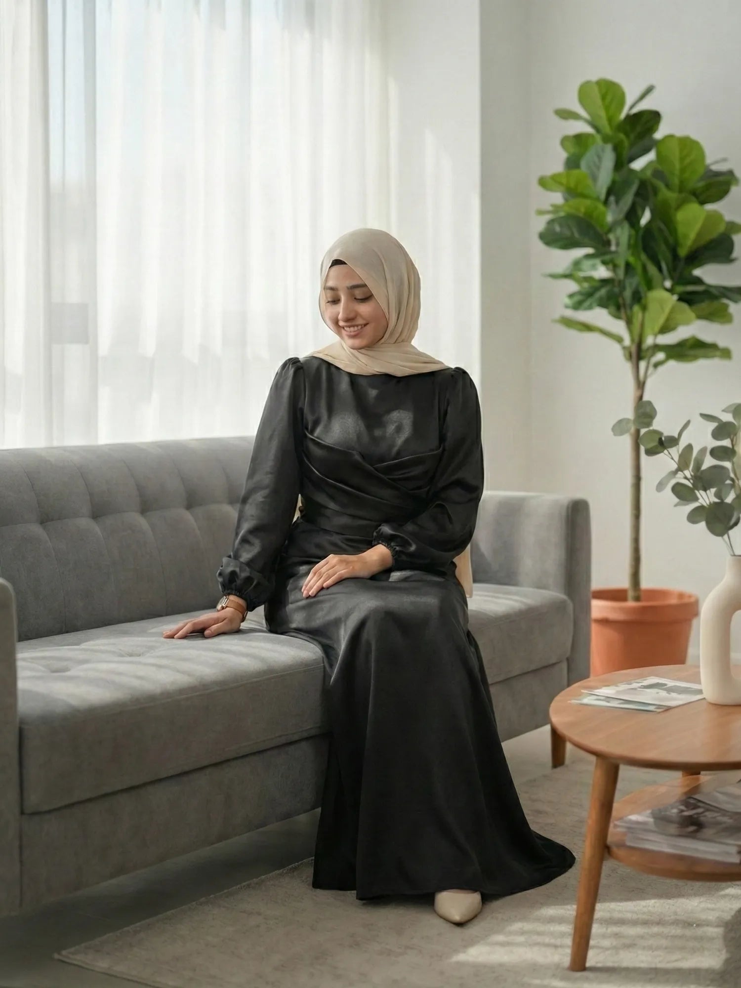 Yezwe's Jet Black Satin Flowing Maxi Dress - Modest Wear