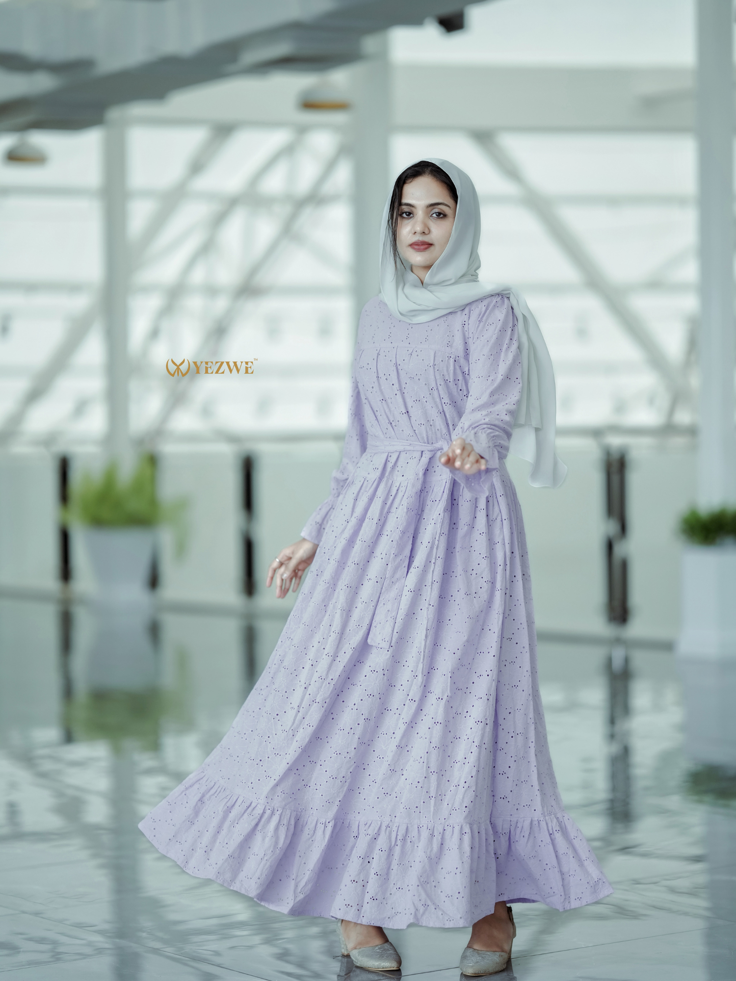 Yezwe Embroidery Hakoba Light Lavender Maxi Dress WIth 3 Layer with Cloth Belt - Modest Wear