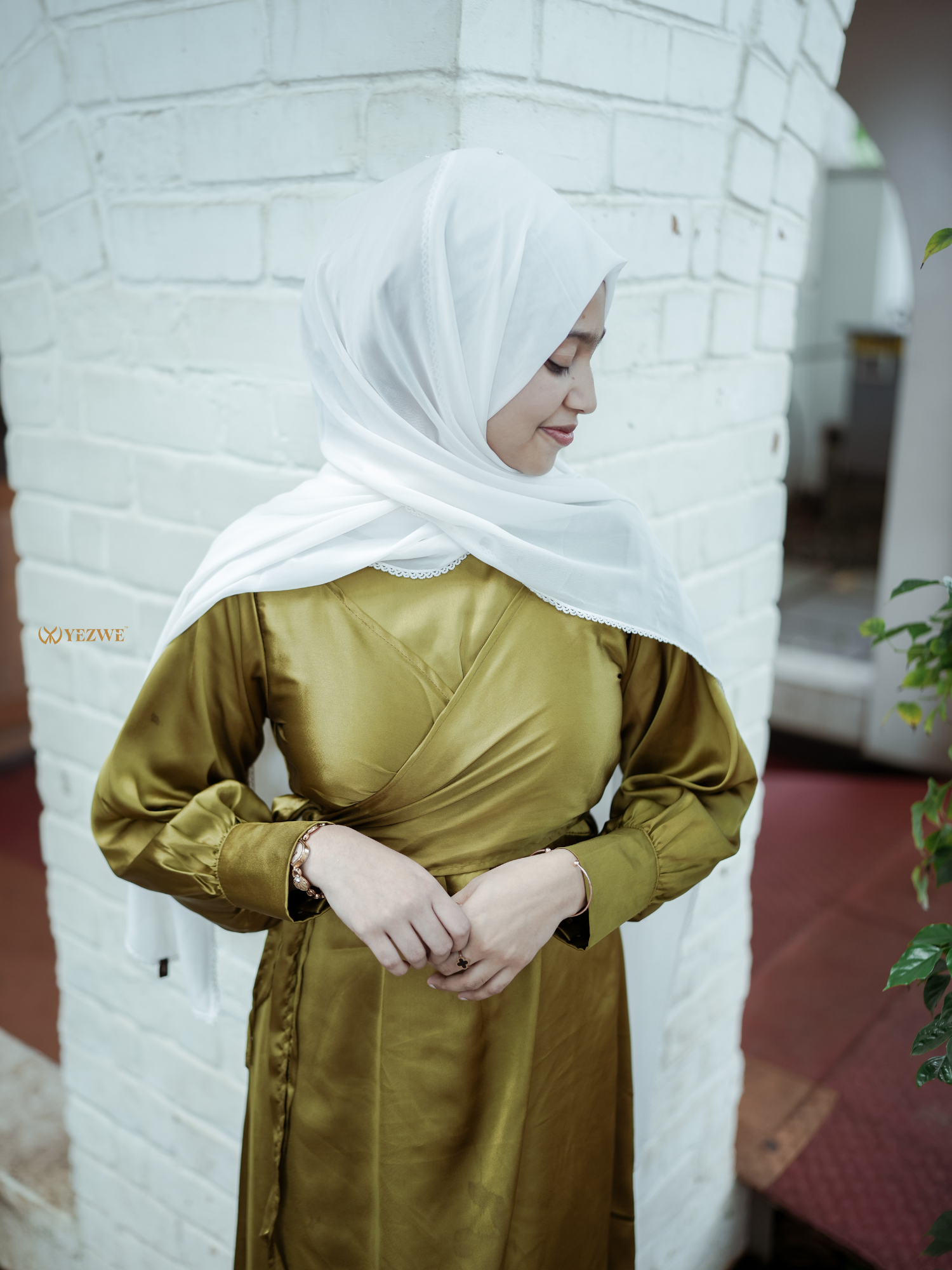 Yezwe Golden Olive Satin Overlapping Tie Flowing Maxi Dress - Modest Wear