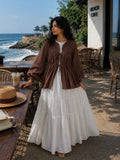 Chocolate Brown Cey Shrug with White Flared Maxi Gown | Yezwe Modest Wear