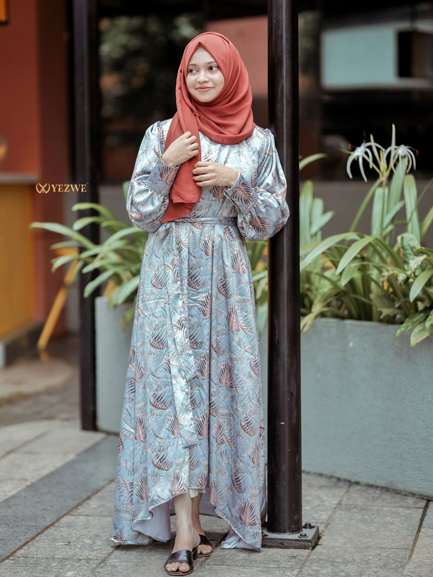 Tropical Printed  cadet bluesatin maxi dress - Modest Wear