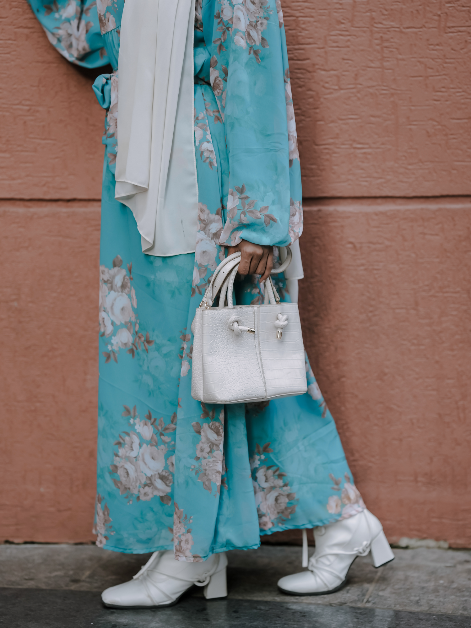 Yezwe Aqua Blue Small Floral Georgette Maxi Dress with Lycra Lining - Modest Wear