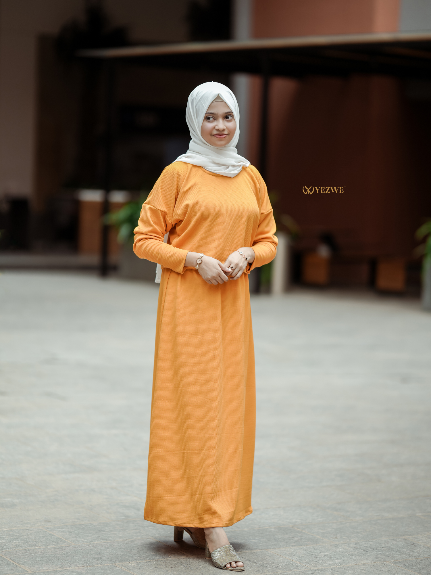 Yezwe Orange Turkish Short Top and Skirt Set - Modest Wear