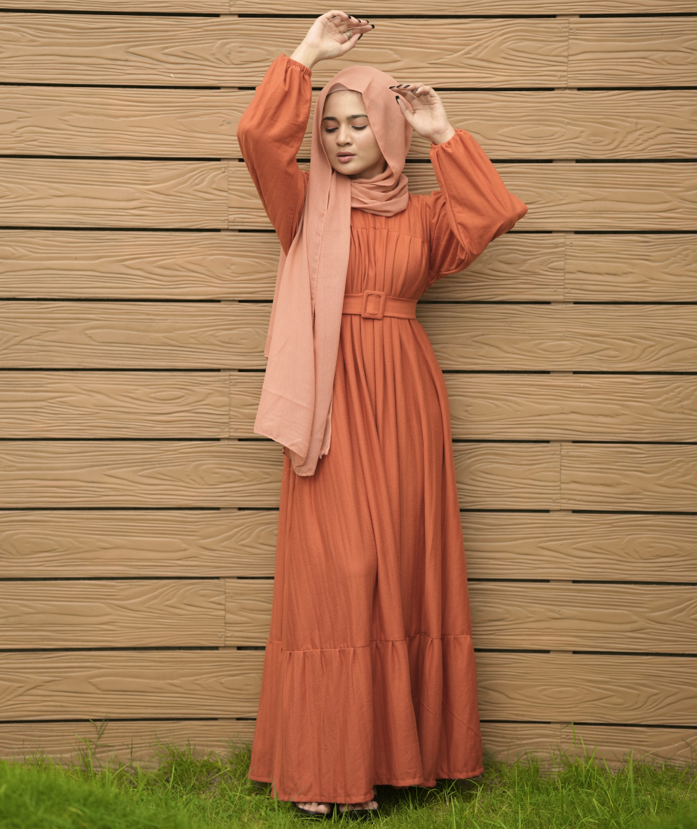 Yezwe Brick Red Textured Rib Maxi Dress with Belt - Modest Wear