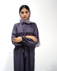 Yezwe Purple Crush Material Jumpsuit with Belt and Front Open - Modest Wear