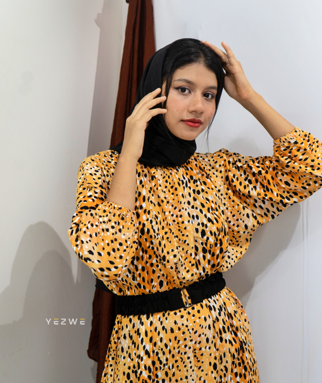 Yezwe Yellow Leopard Print Long Top with Belt - Modest Wear