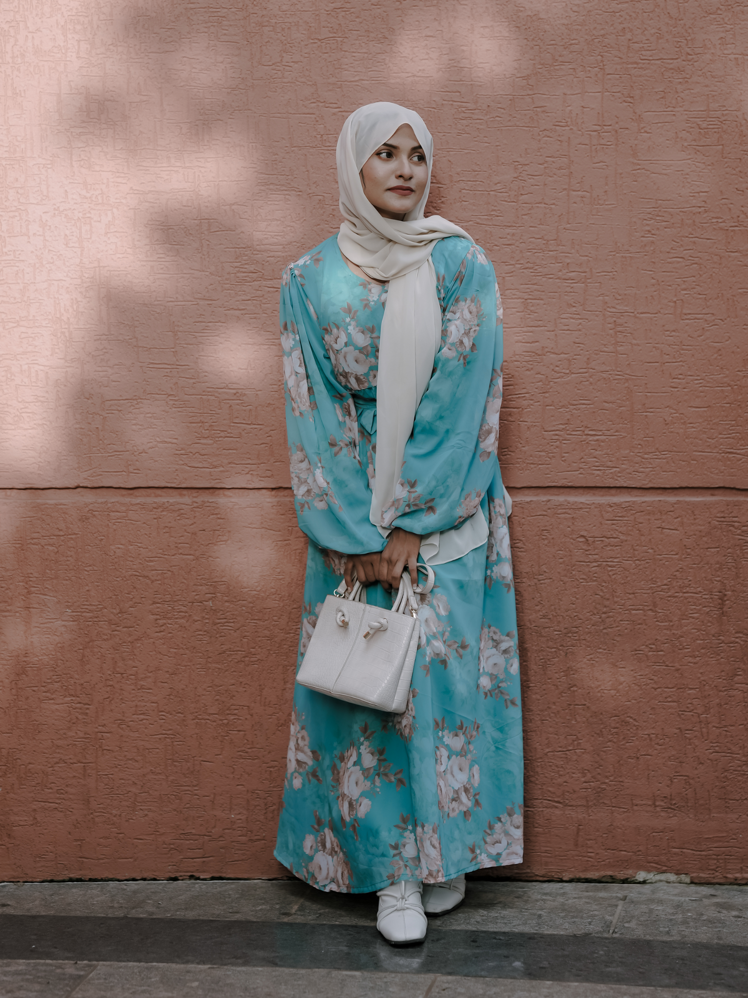 Yezwe Aqua Blue Small Floral Georgette Maxi Dress with Lycra Lining - Modest Wear