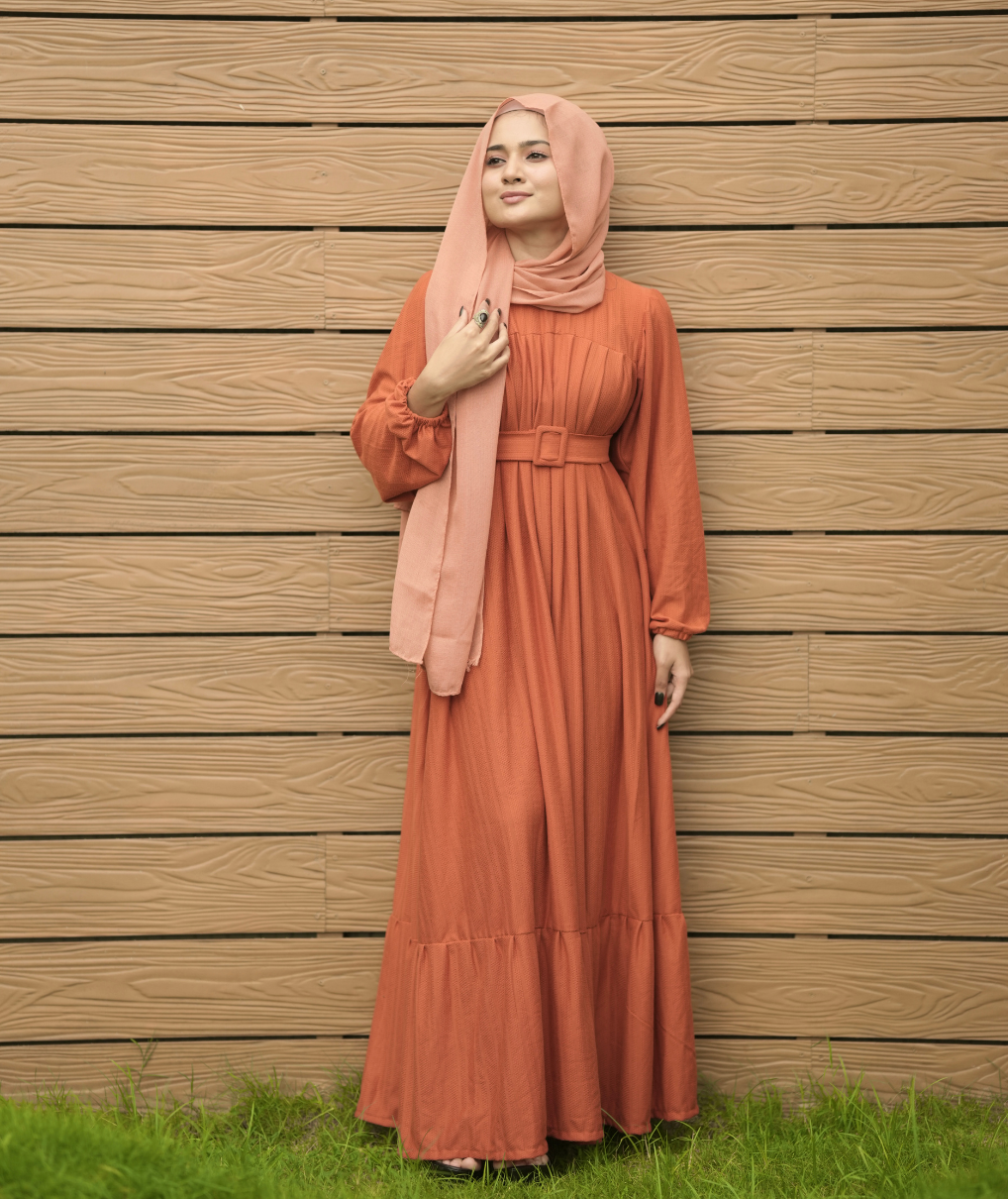 Yezwe Brick Red Textured Rib Maxi Dress with Belt - Modest Wear