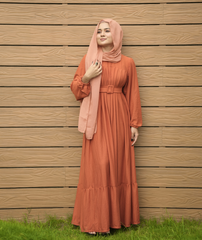 Yezwe Brick Red Textured Rib Maxi Dress with Belt - Modest Wear