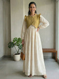 YEZWE Chikan Embroidery Floor-Length Modest Maxi Dress With Mustard Cey Overtop
