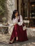 Yezwe Reddish Maroon Pinafore Full Length with Embroidered Love Print Kora Fabric Inner - Modest Wear