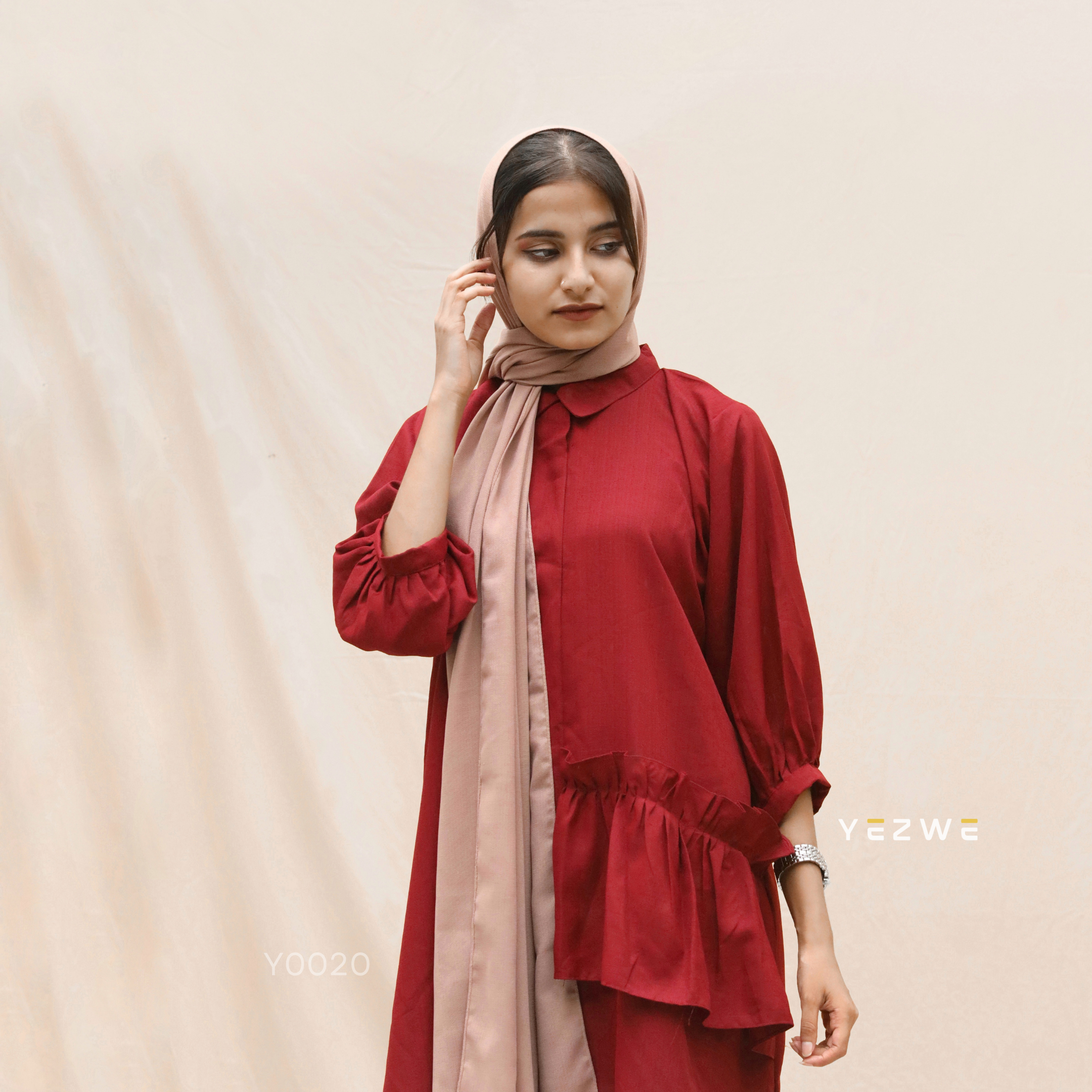 Yezwe Solid Red Top with Side Ruffle - Modest Wear