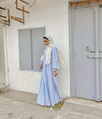 Yezwe Shifli Sky Blue Maxi Dress with V-Neck - Modest Wear