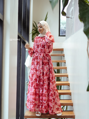 Rose Floral Maxi Dress with Cloth Belt-YEZWE MODEST WEAR