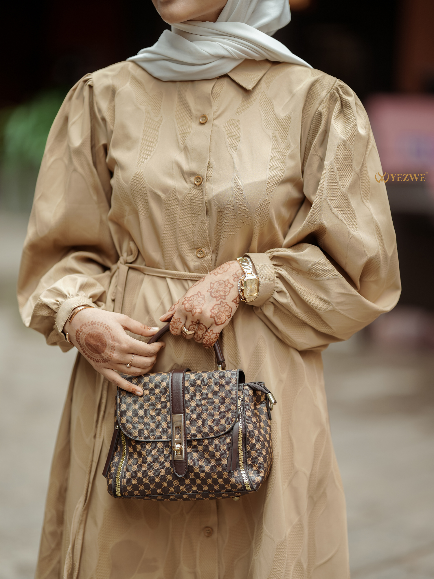 Yezwe  Brown Textured Heavy Jacquard Front Open Maxi Dress - Modest Wear