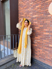 Yezwe Yellow  Love Embroidered Kora Fabric Maxi Dress - Modest Wear