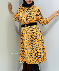 Yezwe Yellow Leopard Print Long Top with Belt - Modest Wear