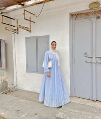 Yezwe Shifli Sky Blue Maxi Dress with V-Neck - Modest Wear