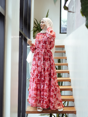 Rose Floral Maxi Dress with Cloth Belt-YEZWE MODEST WEAR