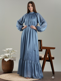 YEZWE Powder-Blue High-Neck Maxi Dress – Full-Length Modest Evening & Party Wear Gown