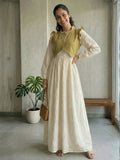 YEZWE Chikan Embroidery Floor-Length Modest Maxi Dress With Mustard Cey Overtop