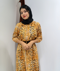 Yezwe Yellow Leopard Print Long Top with Belt - Modest Wear