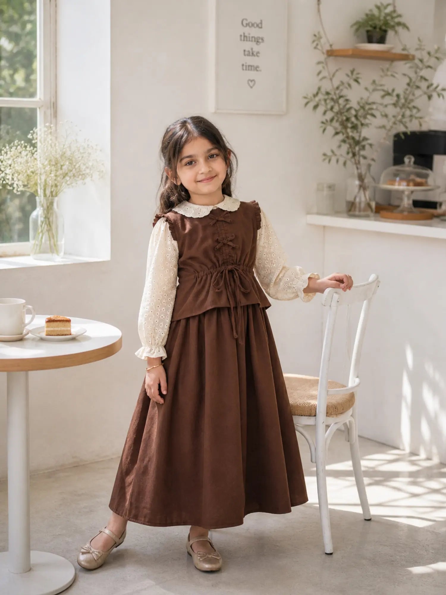 Little girl wearing a brown maxi dress with cream puff sleeves vintage style party wear detail view