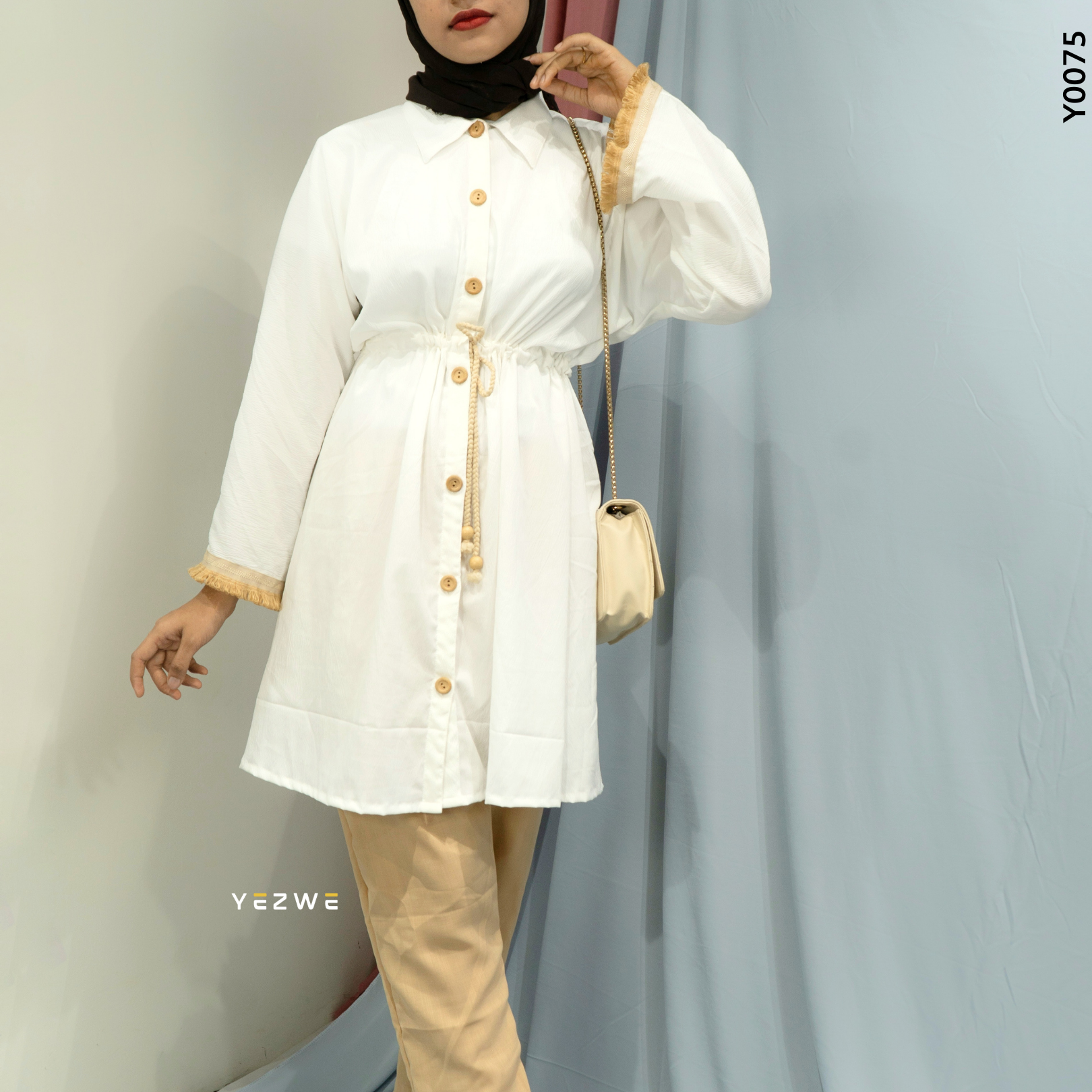 Yezwe White Crush Open Shirt with Lace In Hand and Beige Pant Co-ord Set - Modest Wear