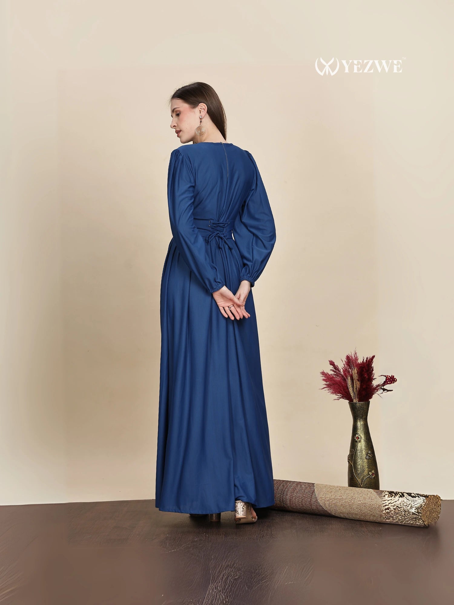 Yezwe Dark Navy Blue Graceful Gathered Waist long sleeve dress- Maxi Dress Maxi Dress