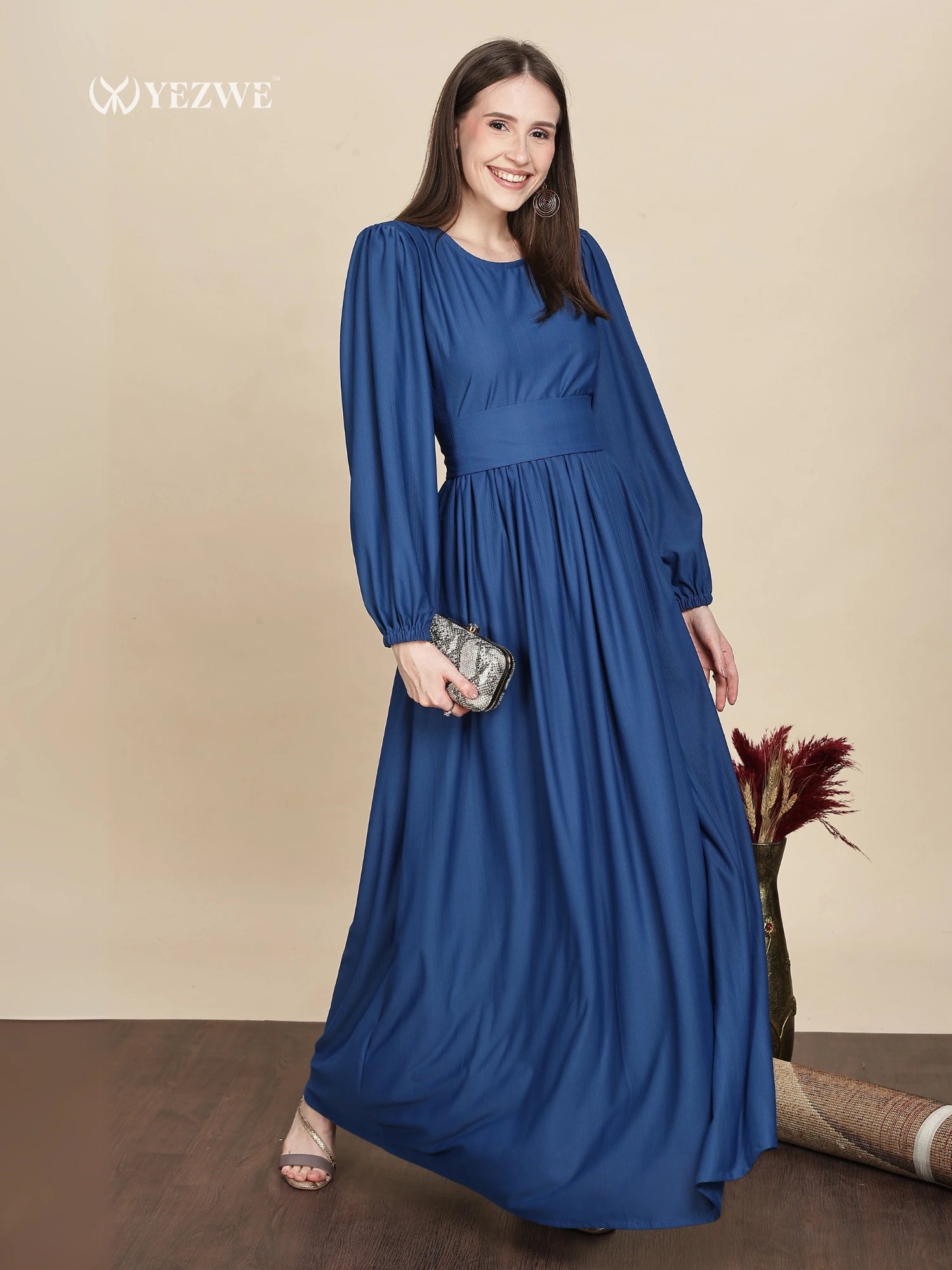 Yezwe Dark Navy Blue Graceful Gathered Waist long sleeve dress- Maxi Dress Maxi Dress