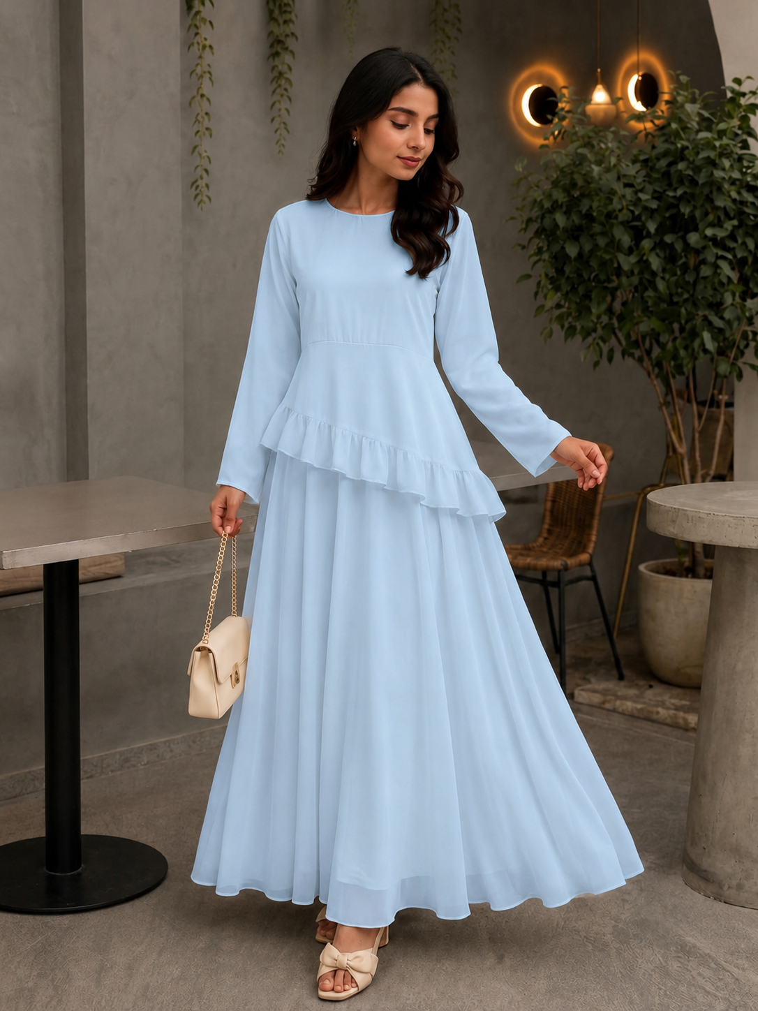 Yezwe Pastel Blue Faux Georgette Asymmetric Ruffle Maxi Dress | Lace-Up Back & Flowing Silhouette for Women
