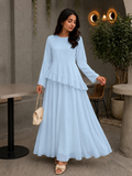 Yezwe Pastel Blue Faux Georgette Asymmetric Ruffle Maxi Dress | Lace-Up Back & Flowing Silhouette for Women
