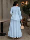 Yezwe Pastel Blue Faux Georgette Asymmetric Ruffle Maxi Dress | Lace-Up Back & Flowing Silhouette for Women