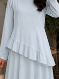 Yezwe Pastel Blue Faux Georgette Asymmetric Ruffle Maxi Dress | Lace-Up Back & Flowing Silhouette for Women