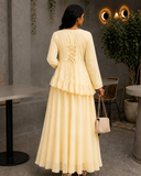 Yezwe Butter Yellow Faux Georgette Asymmetric Ruffle Maxi Dress | Lace-Up Back & Flowing Silhouette for Women (Copy)