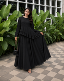 Yezwe black Faux Georgette Asymmetric Ruffle Maxi Dress | Lace-Up Back & Flowing Silhouette for Women