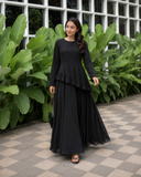 Yezwe black Faux Georgette Asymmetric Ruffle Maxi Dress | Lace-Up Back & Flowing Silhouette for Women