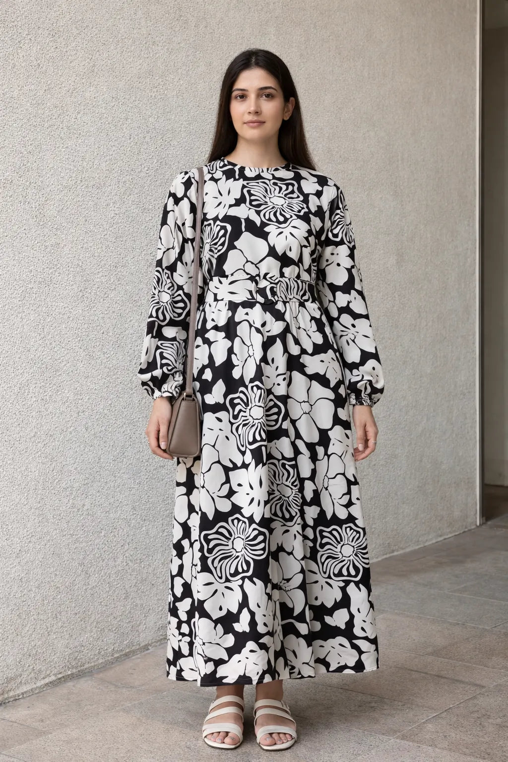 YEZWE Black And White Floral Full length Modest Maxi Dress