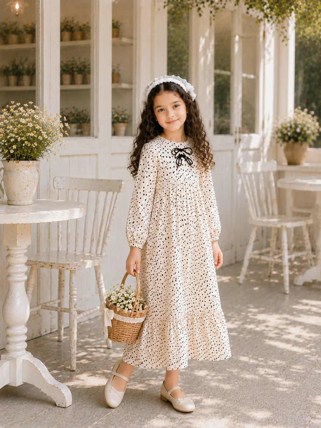 Yezwe junior girls off white polka dot georgette dress with bow detail side view