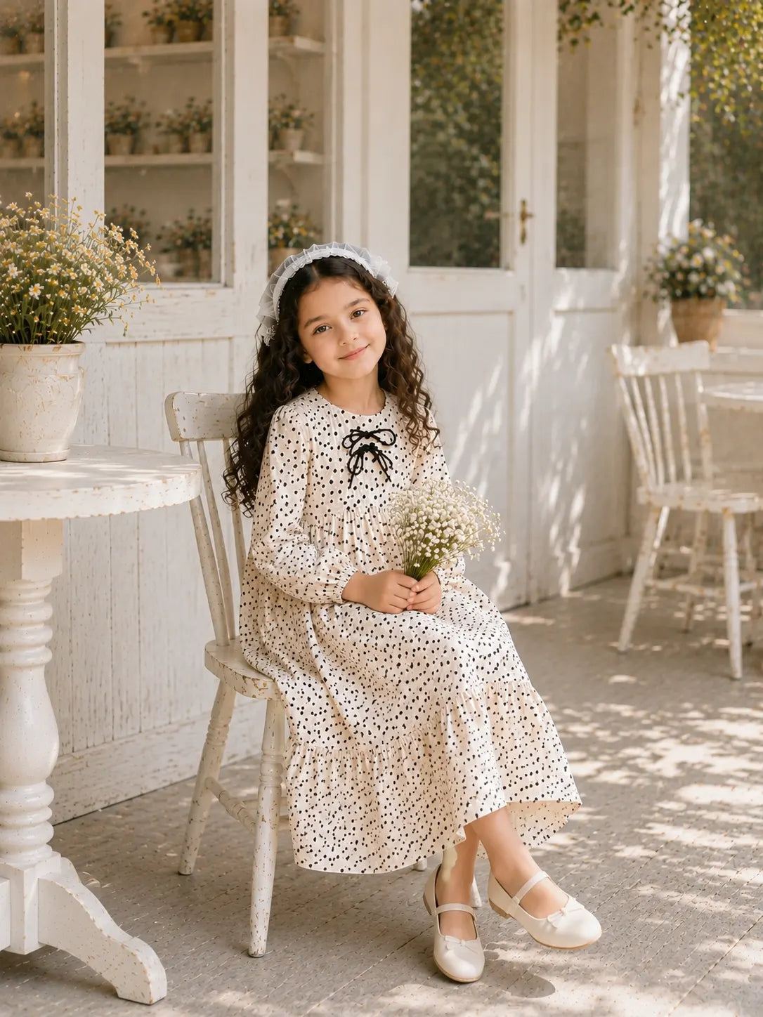 Yezwe junior girls off white polka dot georgette dress with bow detail close up