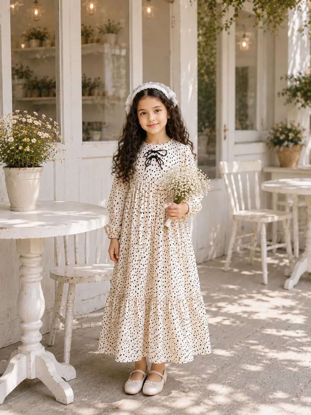 Yezwe junior girls off white polka dot georgette dress with bow detail back view
