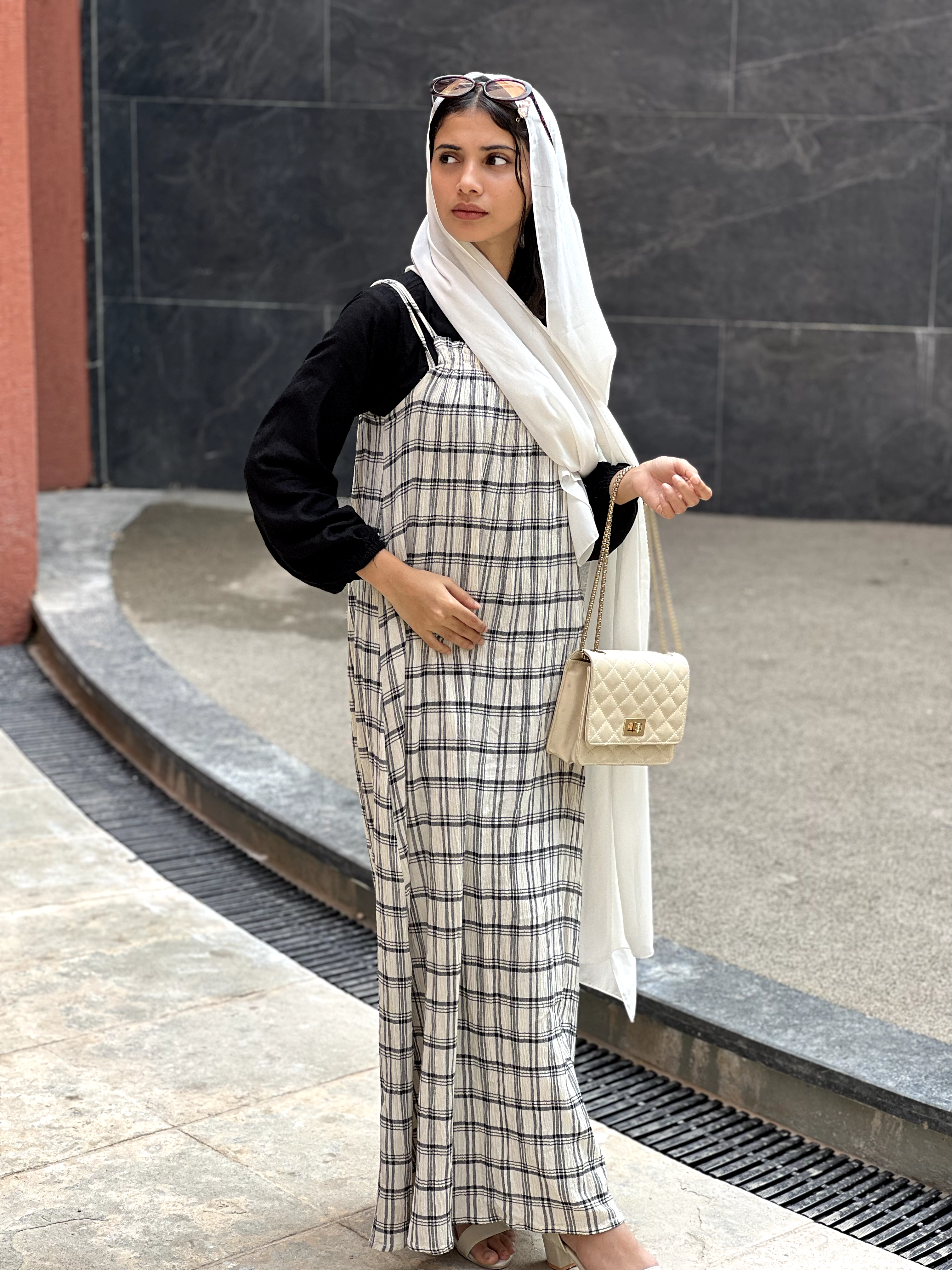 Yezwe Crush Check Dungaree with Black Top - Modest Wear