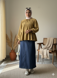 YEZWE Cey Mustard Peplum Top With Denim Maxi Skirt | Modest Pinteresty Wear
