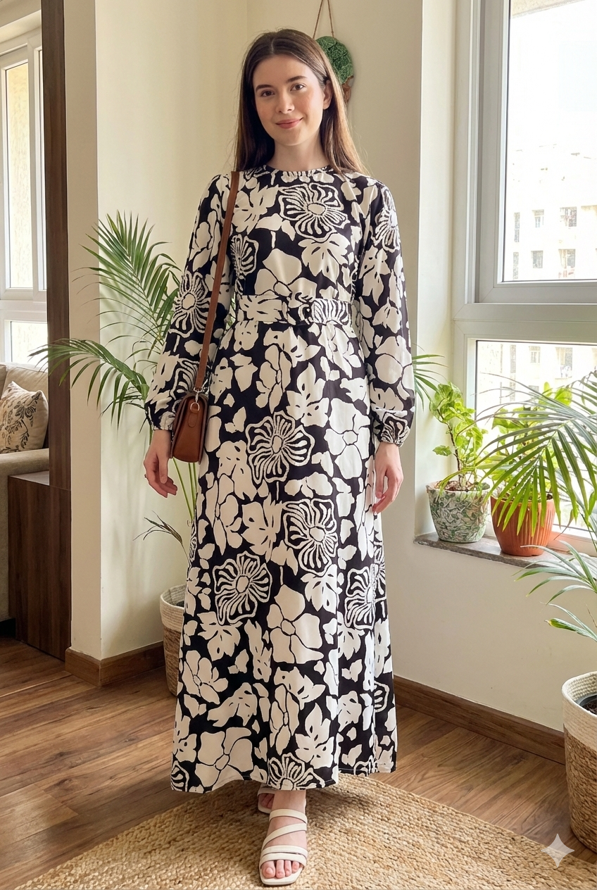 Yezwe black and white floral full length modest maxi dress front view