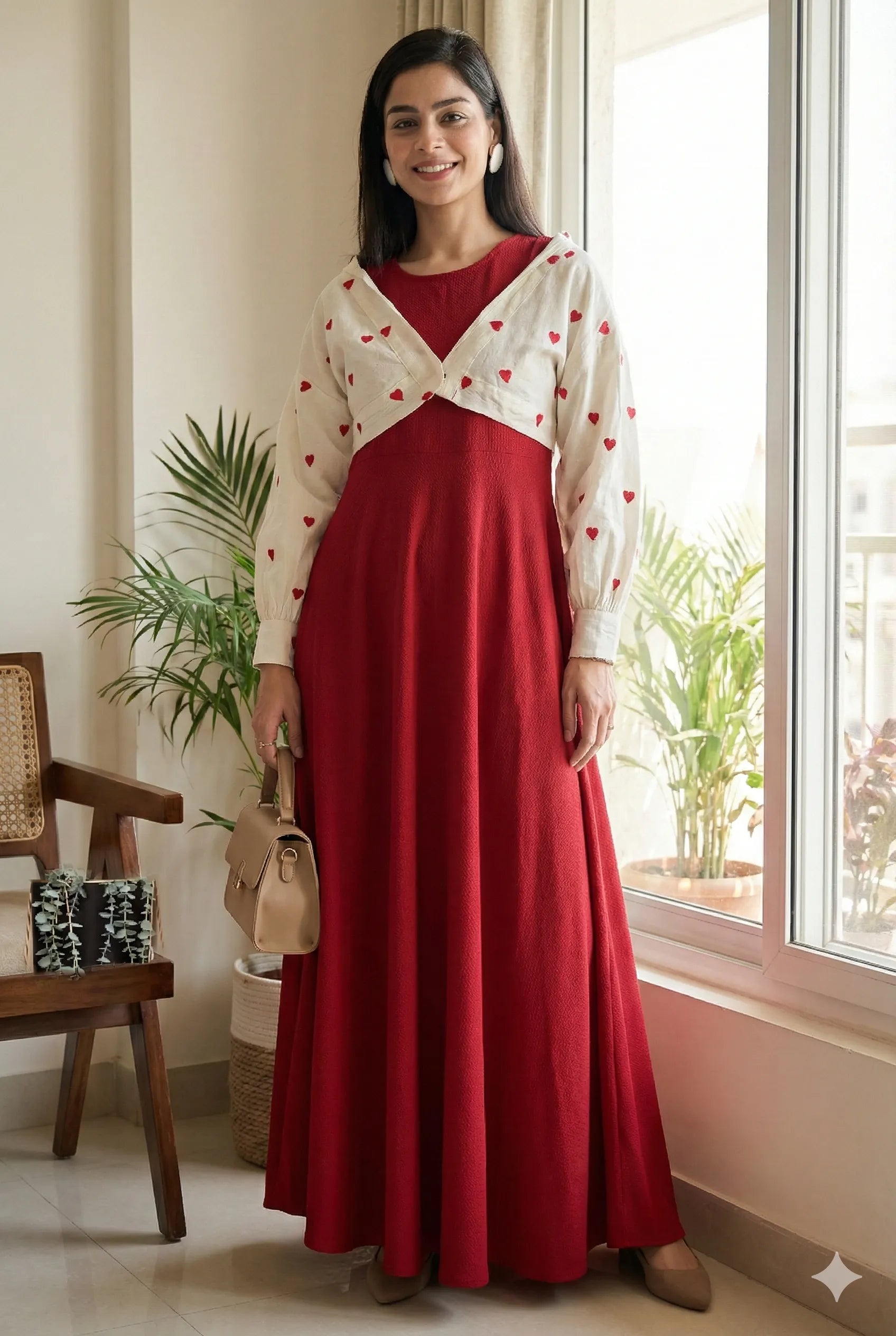 Chic Red Knitted Maxi Dress with Shrug for Casual Modest Wear