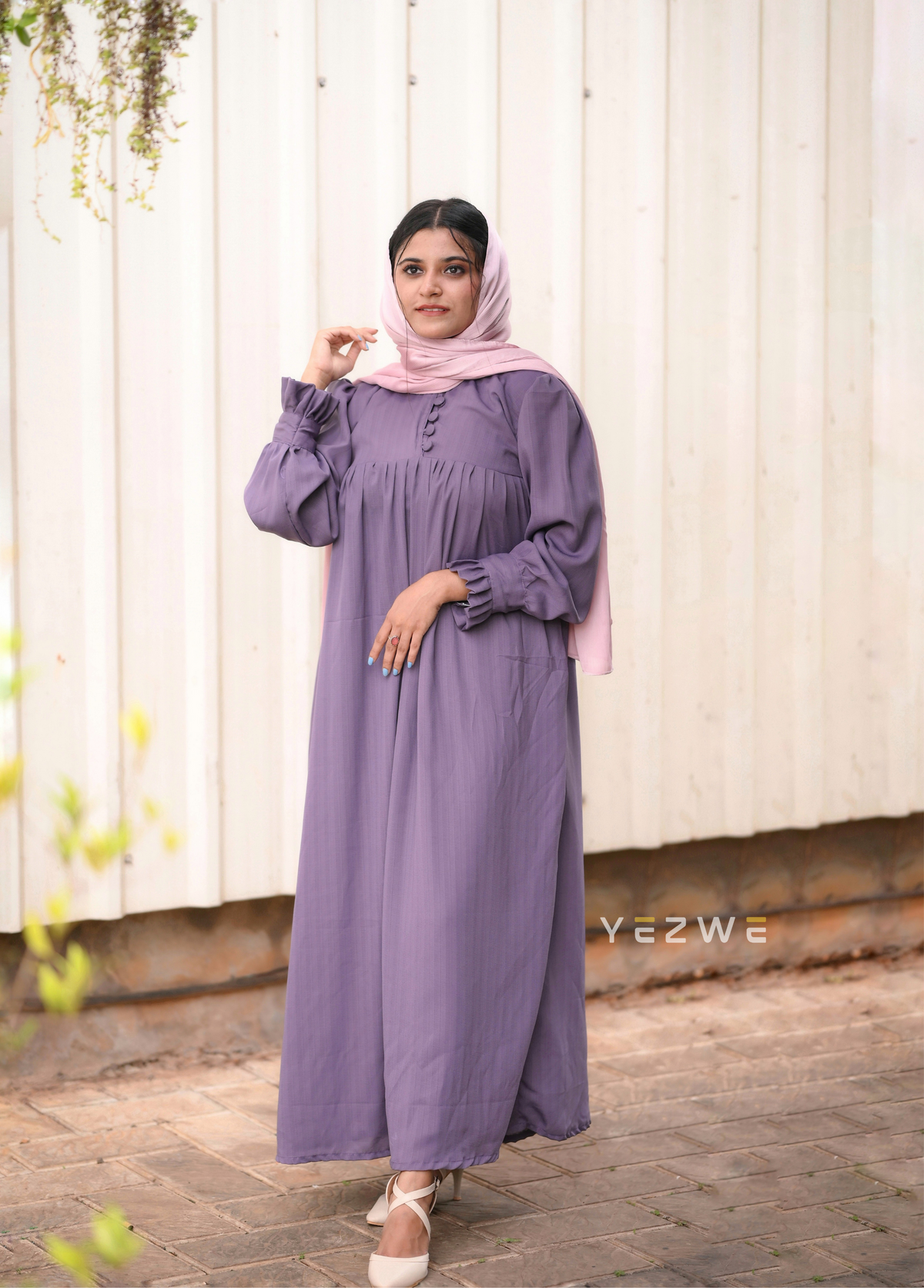 Yezwe Grape Purple Plain Maxi Dress with Front Open - Modest Wear