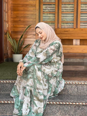 Yezwe Sea Green Print Georgette Maxi Dress with Cloth Belt - Modest Wear